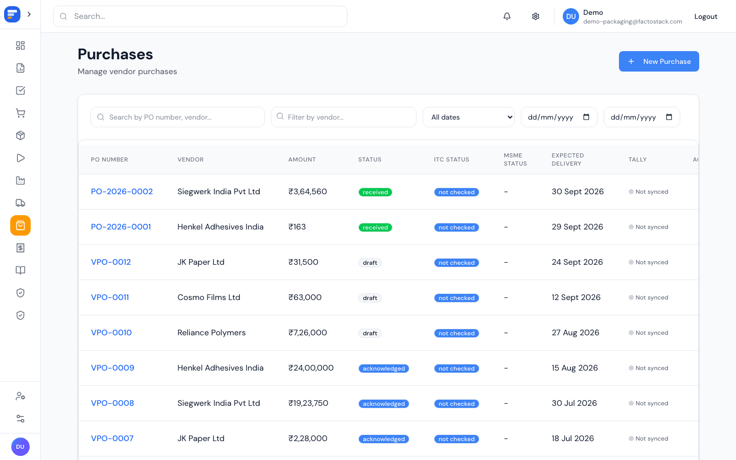 FactoStack purchase order management