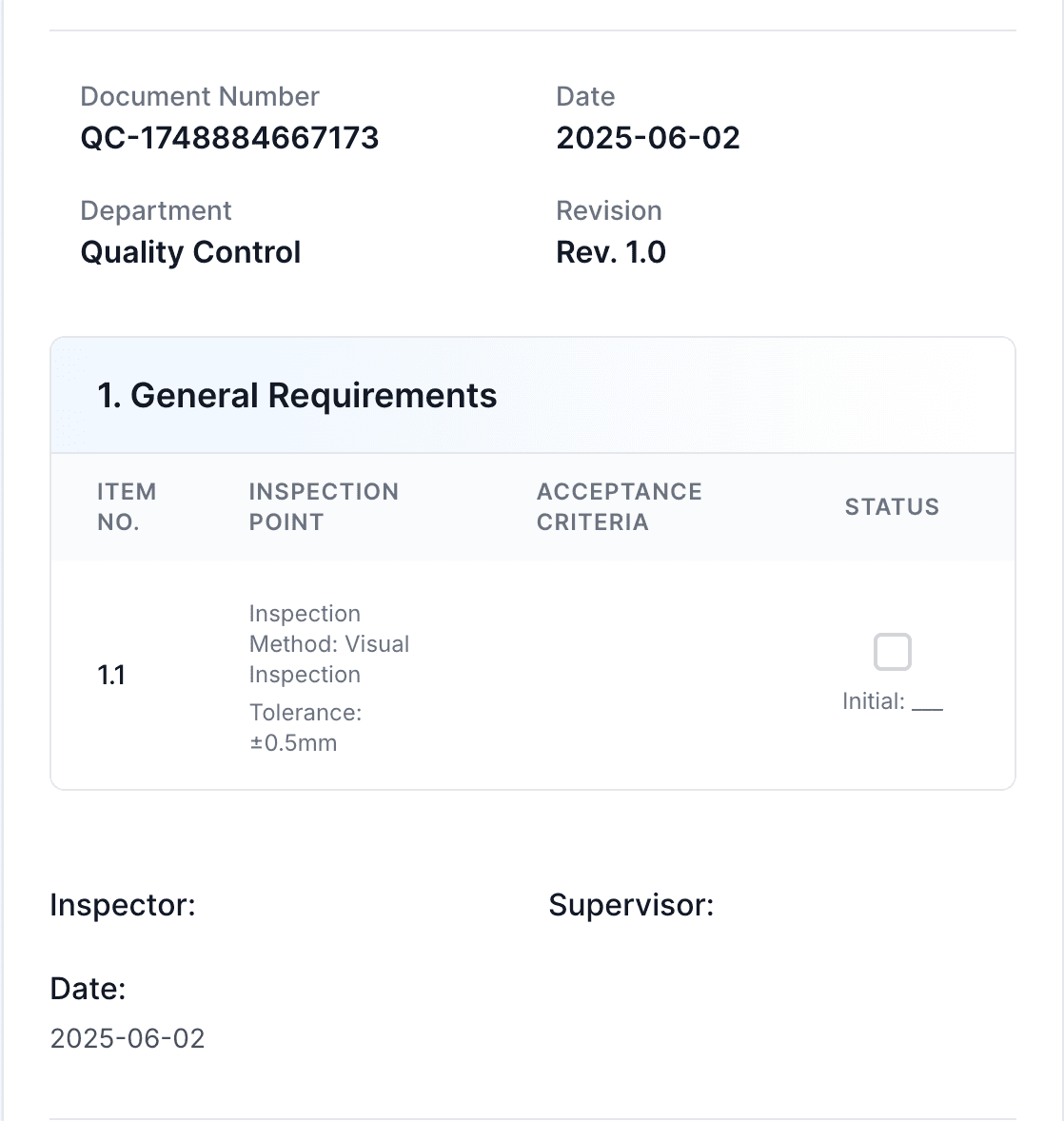 Quality Checklist Generator project screenshot
