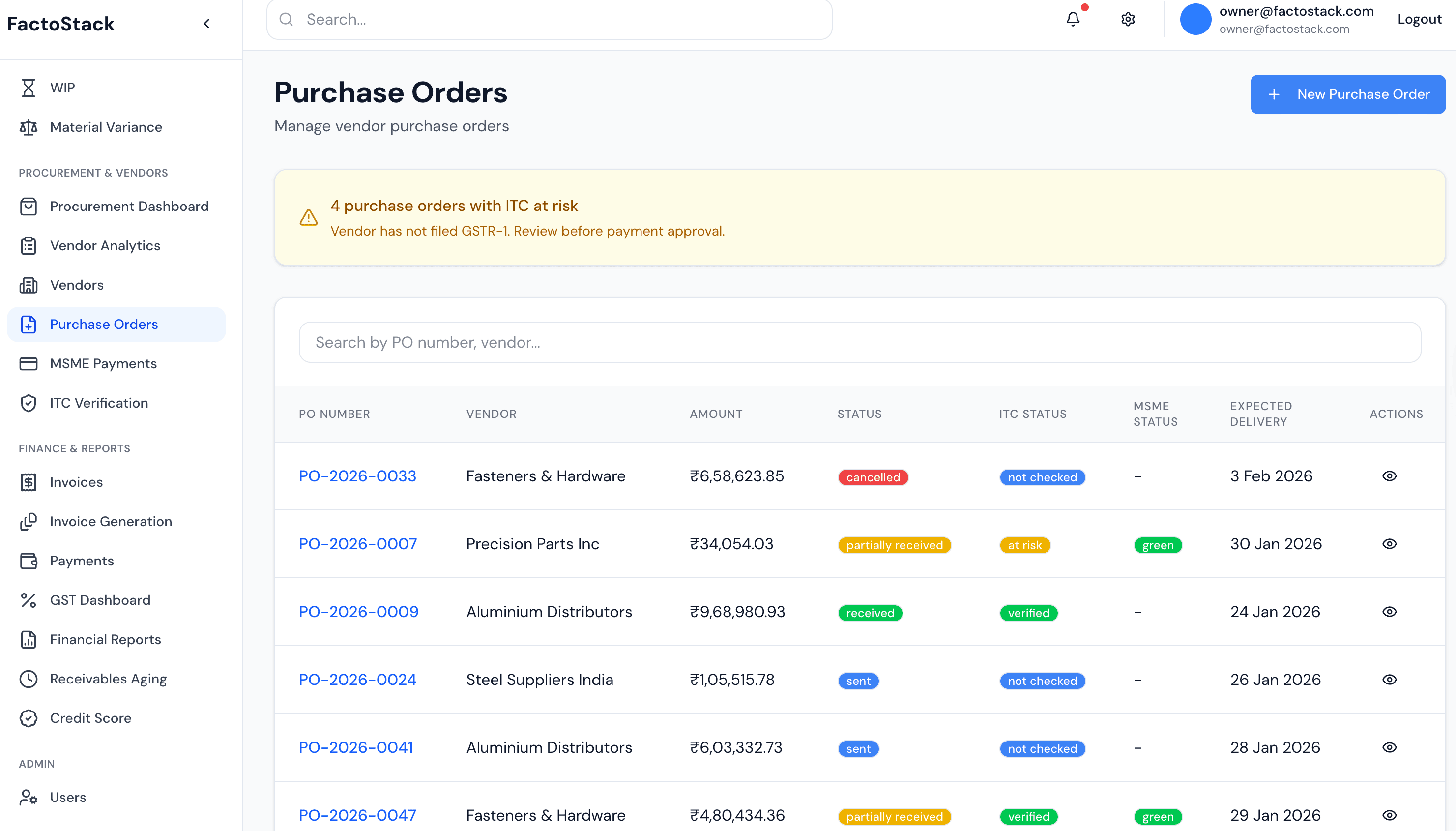 FactoStack purchase orders screen